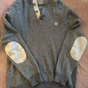 Chaps Gray V-Neck Sweater with Textured Knit and elbow pads